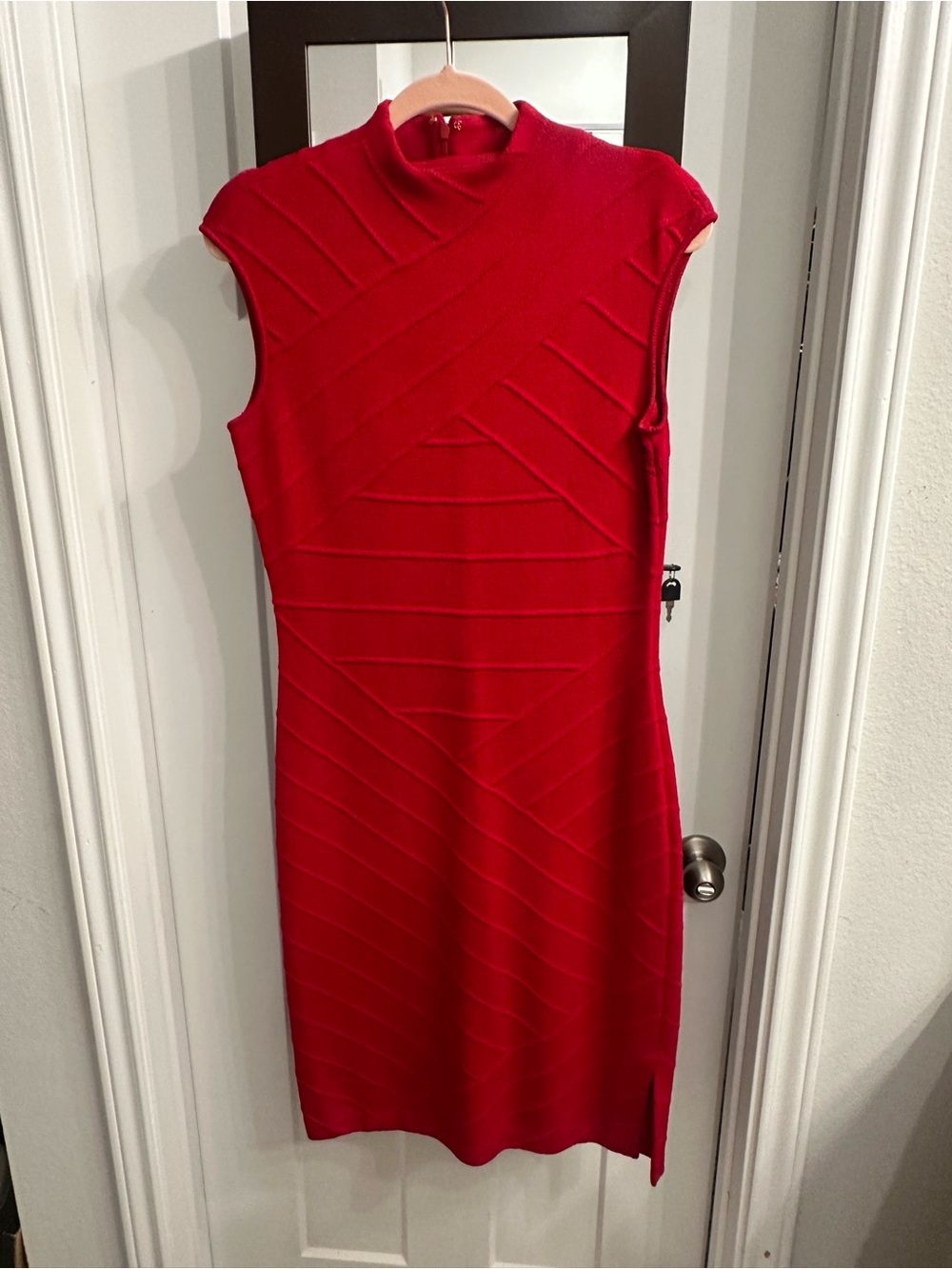 St. John Red Sleeveless Midi Dress with High Neck